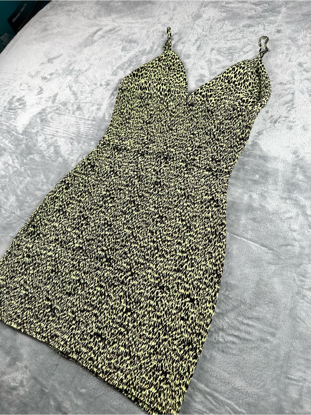 AFRM Leopard Print Smocked Mini Dress Green Y2K Bodycon - Picture 8 of 13